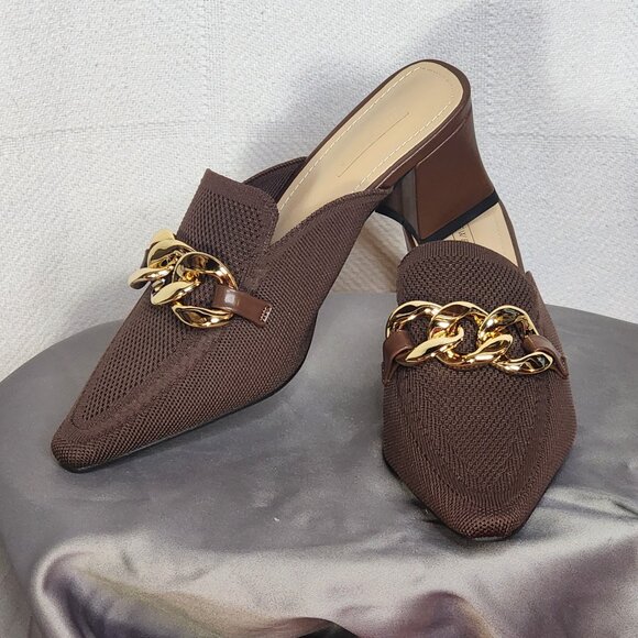 Newbella Chocolate Brown Pointed Toe Square Heel Gold Tone Chain Dress Mule 7.5 - Picture 1 of 16